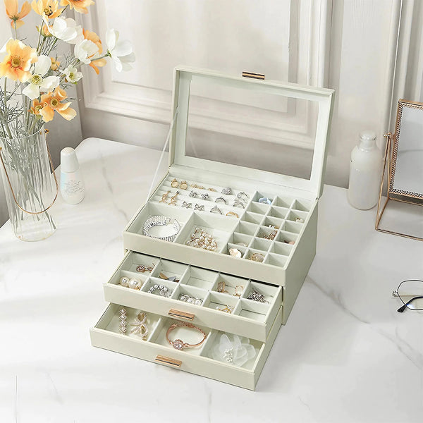 White PU Leather 3-Tier Jewellery Box Organizer with Drawers