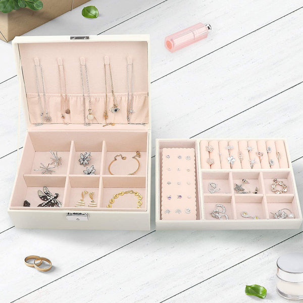 White 2-Tier PU Leather Jewellery Box with Lock