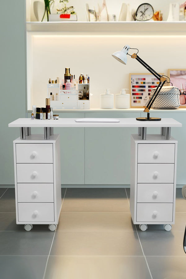 120cm Wide White Professional Manicure Table on Wheels with 8 Drawer
