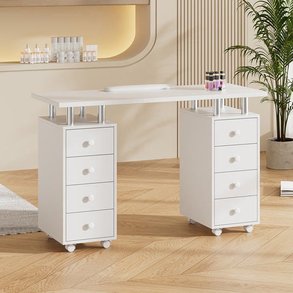 120cm Wide White Professional Manicure Table on Wheels with 8 Drawer