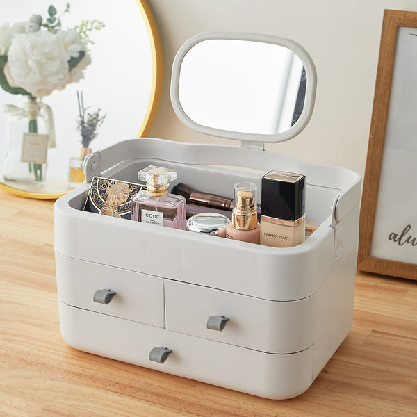 White Large Makeup Organizer with Mirror and Drawers