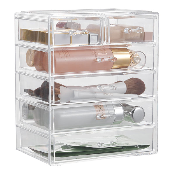 Minimalist Transparent Plastic Makeup Organizer Box with 6 Drawers