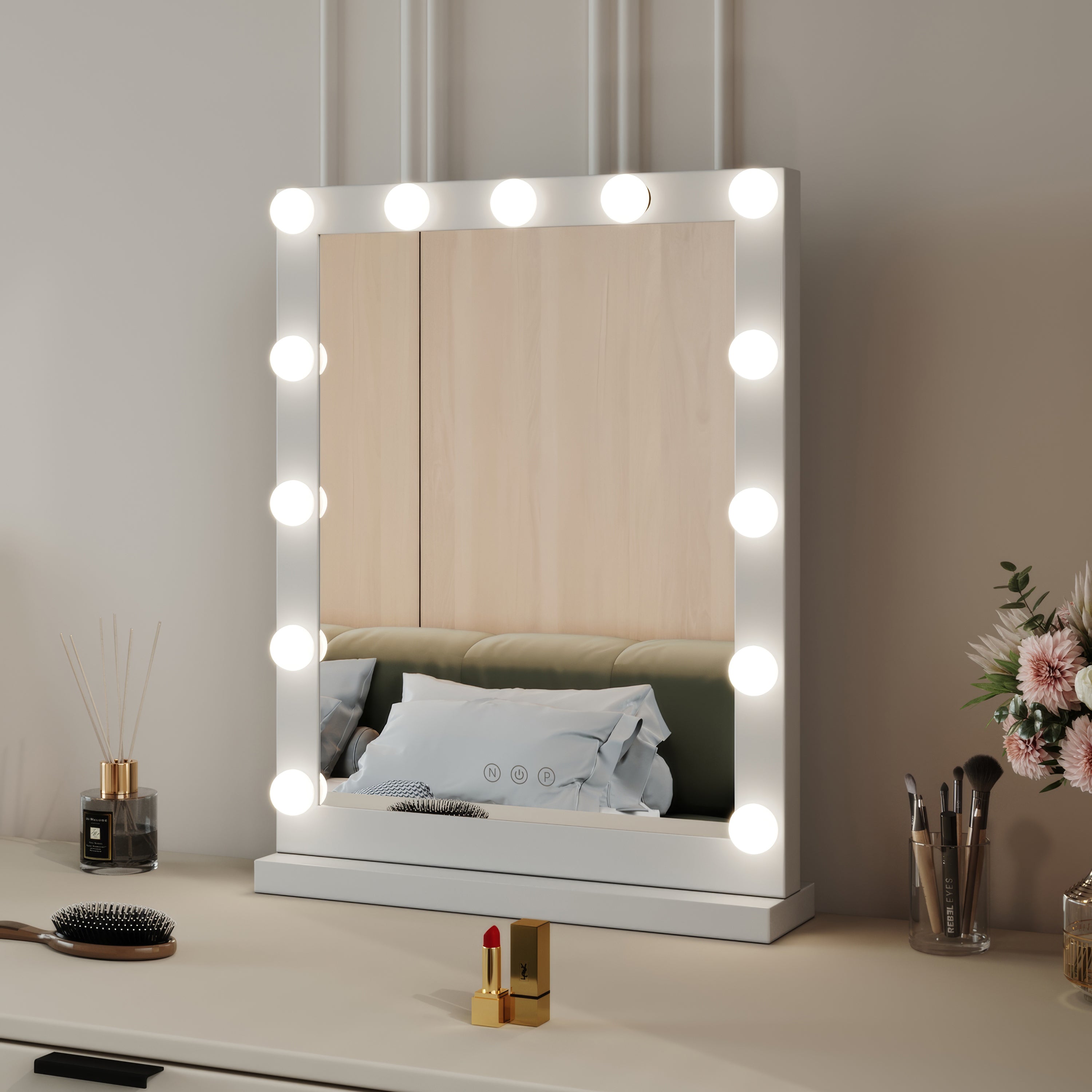 White Hollywood Style Metal Rectangular LED Makeup Mirror with Base-40 ...