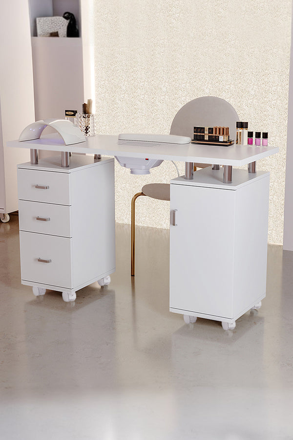 120cm Wide White Professional Manicure Station Nail Table on Wheels with Dust Collector