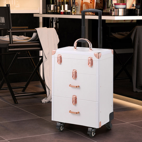 White/Green 3 in 1 Professional Cosmetic Trolley Case Makeup Box on Wheels