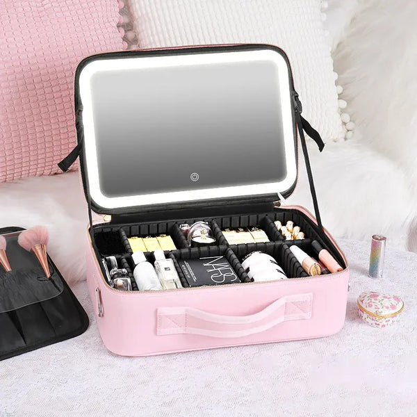 Large Pink Travel Makeup Bag with LED Mirror