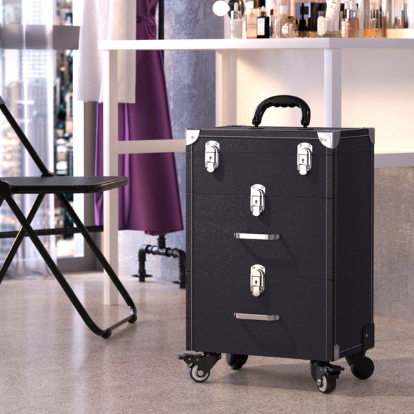 2 Drawers Black/Purple Portable Lockable Cosmetic Makeup Travel Case
