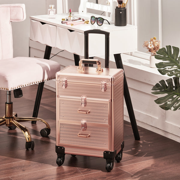 3in1 Portable Rose Gold Cosmetic Makeup Case Manicure Case with Drawer