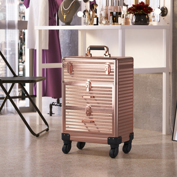 3in1 Portable Rose Gold Cosmetic Makeup Case Manicure Case with Drawer