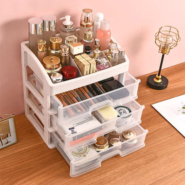 White Plastic Makeup Organizer with 3 Clear Drawers