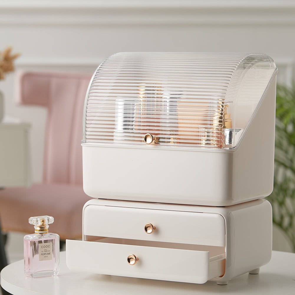 Dustproof Desktop Makeup Organizer with Drawers Pearl White – She Only