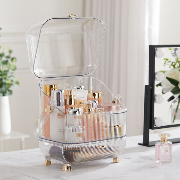 Transparent Dustproof Three-Layer Makeup Cosmetic Organizer with Handle
