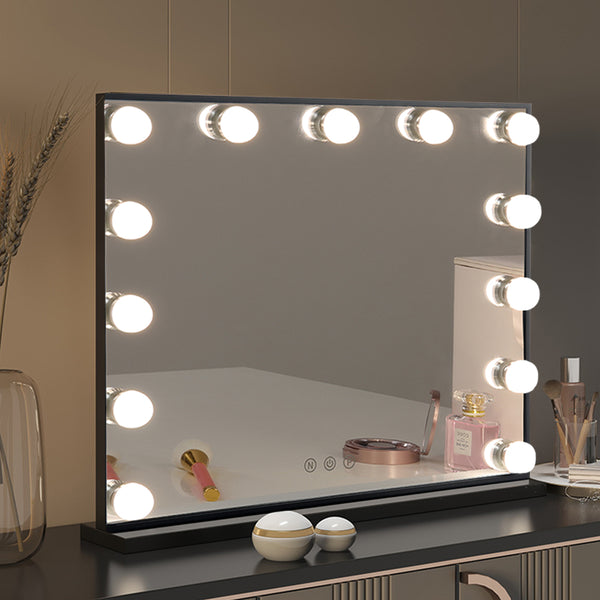 Black Rectangle Hollywood LED Vanity Mirror 3 Color Changing with Bulbs - 52 x 42 cm