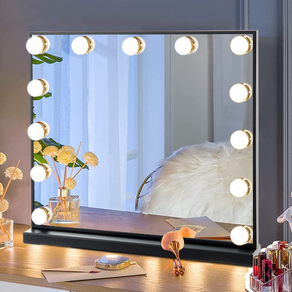 Black Rectangle Hollywood LED Vanity Mirror 3 Color Changing with Bulbs - 52 x 42 cm