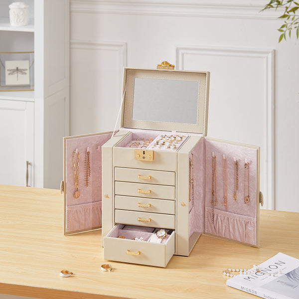 Drawer-style Jewelry Storage Box with Lock and Mirror