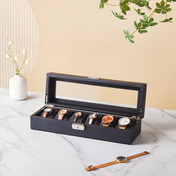 Luxe Faux Leather Watch Display Case with 6 Slots