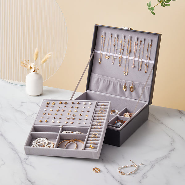 Premium PU Leather Design Double Tier Jewelry Storage Box