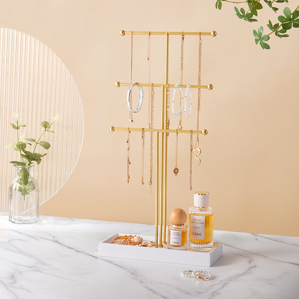 3-Tier Golden Jewelry Stand with Wooden Base
