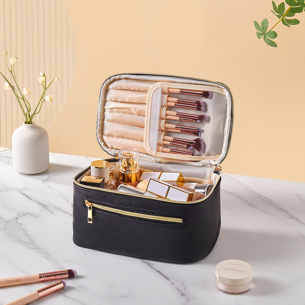 Spacious PU Leather Travel  Makeup Bag with Brush Pockets