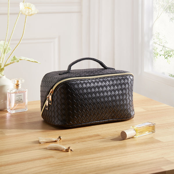 Black Leather Travel Makeup Bag