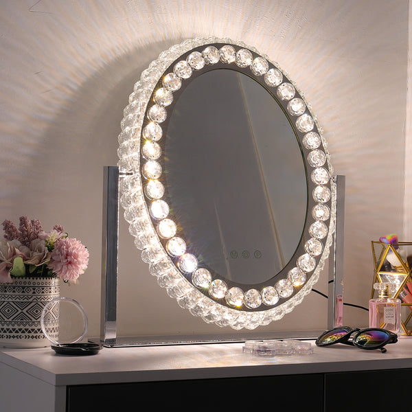 Oval Makeup Mirror Crystal LED Vanity Mirror with Touch Screen