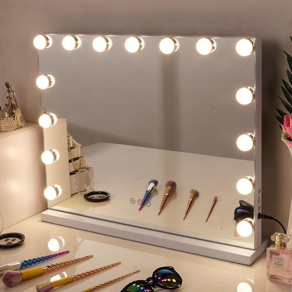 White Rectangle Tabletop Hollywood Vanity Mirror with Lights-58x48cm