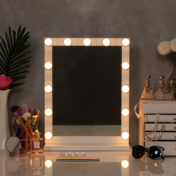 White Hollywood Style Metal Rectangular LED Makeup Mirror with Base-40 x 52 cm