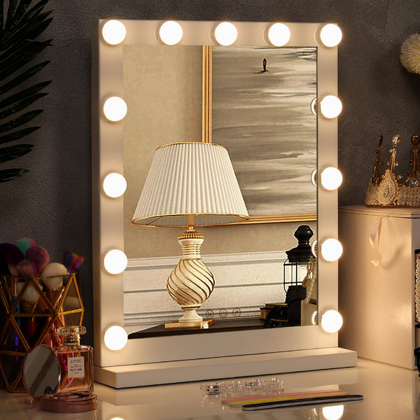 White Hollywood Style Metal Rectangular LED Makeup Mirror with Base-40 x 52 cm