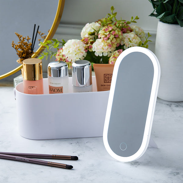 White Portable Vanity Travel Makeup Box with LED Lighted Mirror