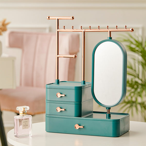 Green Jewelry Organizer with Mirror Hanging Rod Necklace Earring Display