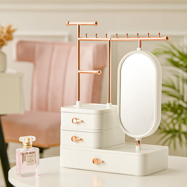 White Makeup Storage Box with Mirror Hanging Rod Necklace Earring Display