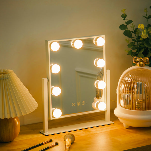 White Hollywood Vanity Mirror with 9 LED Bulbs and 3 Color Lighting Modes-30.5 x 35.5cm