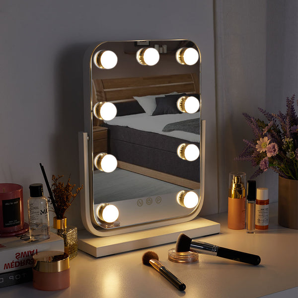 White Rectangle Hollywood Vanity LED Makeup Mirror with 9 Bulbs - 30 x 40 cm