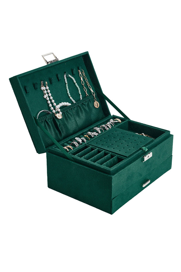 3-Tier Dark Green Velvet Jewellery Box with Lock