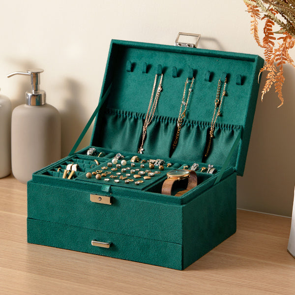 3-Tier Dark Green Velvet Jewellery Box with Lock