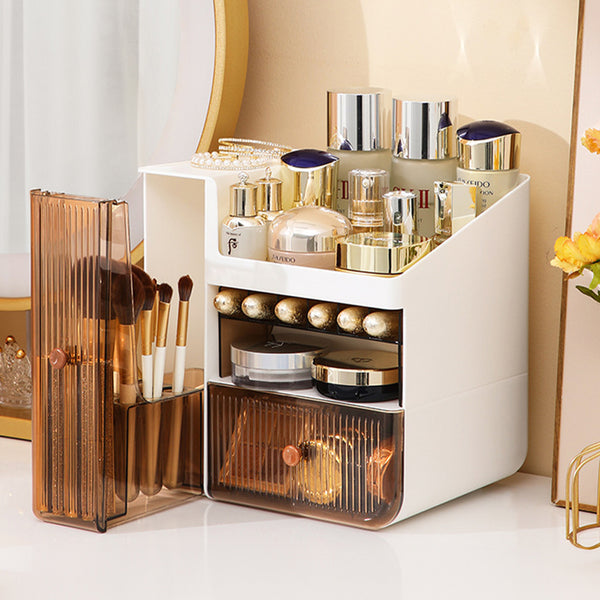 Elegant Makeup Organizer with Dual Drawers and Multiple Compartments