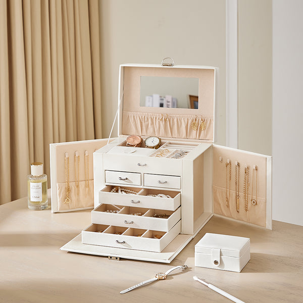 Large Multi Tier Faux Leather Jewellery Storage Box with Handle