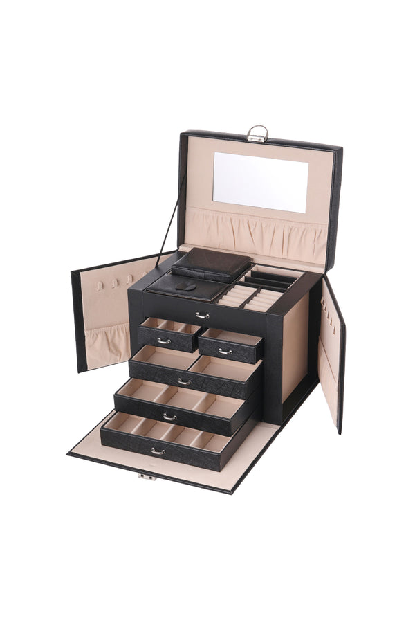 Large Multi Tier Faux Leather Jewellery Storage Box with Handle