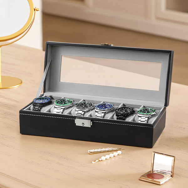 Elegant Black Faux Leather Watch Display Case with 6 Slots
