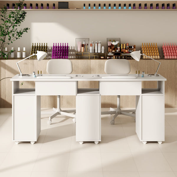 The Portable Double-Person Nail Table with Dust Collector, Drawers and Open Shelves