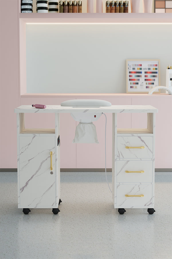 The Portable Nail Table with Dust Collector and Charging Station, Featuring White Marble Texture
