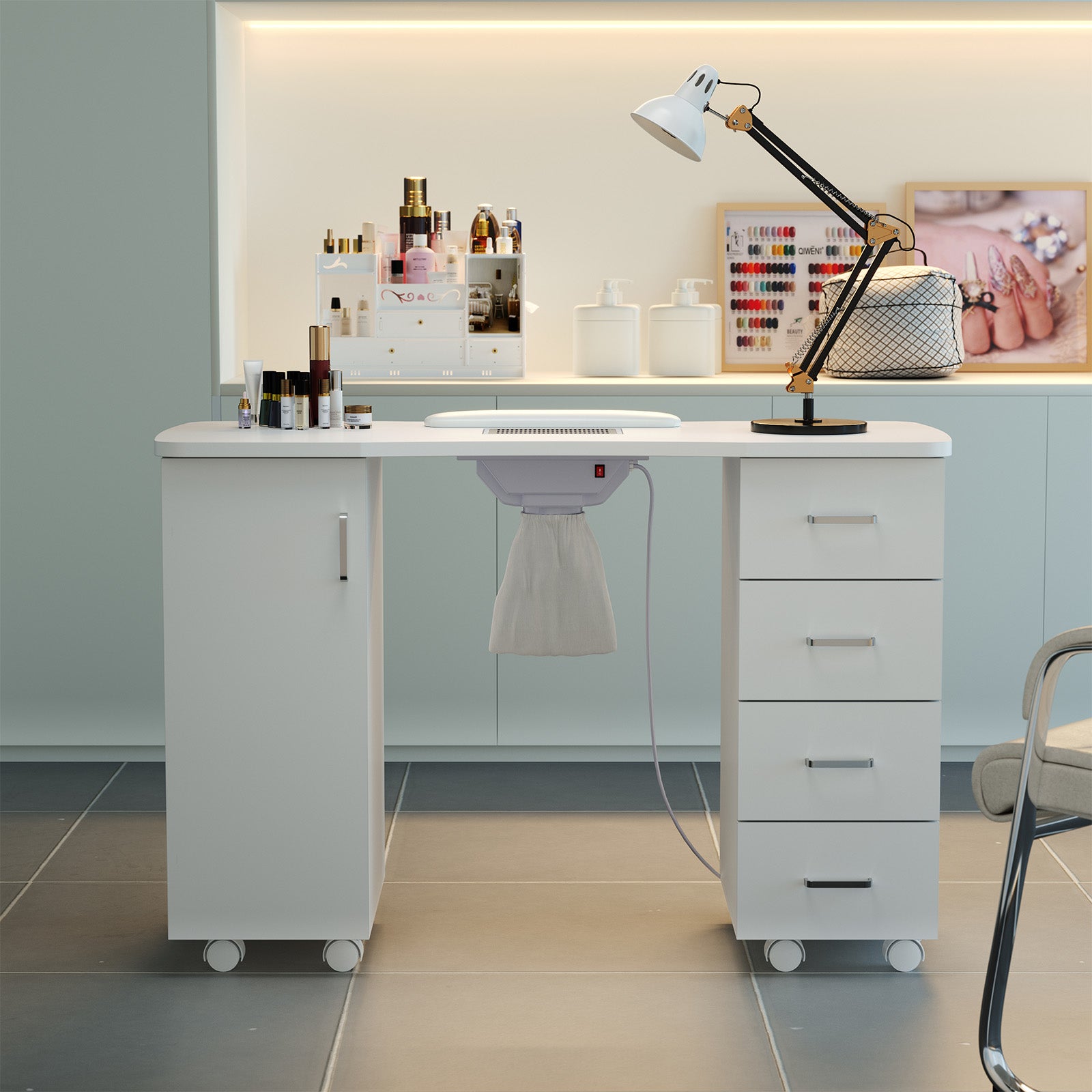 The Portable Nail Table with Dust Collector, Four Drawers and a Cabine ...