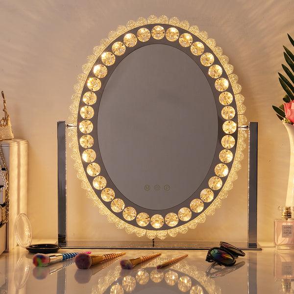 Oval Makeup Mirror Crystal LED Vanity Mirror with Touch Screen